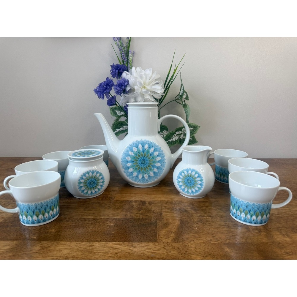 Vintage Noritake Younger Image Bahama Coffee Tea Set Japan‎ MCM Blue Green